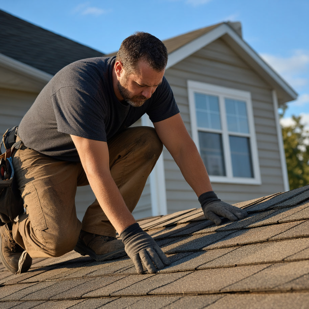 Roofing contractor inspecting shingles on a residential roof