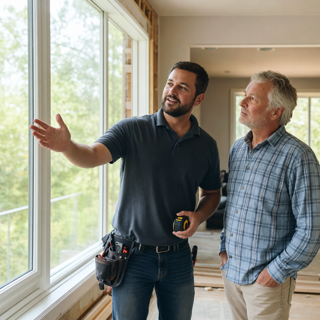 Remodeling contractor with a homeowner beside a large new window